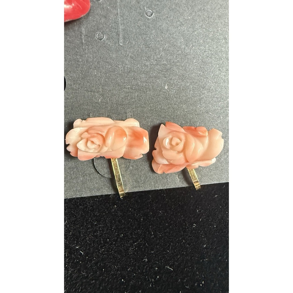 Vintage Hand Carved Natural Pink Momo Coral Rose Clip On Earrings Mid Century
